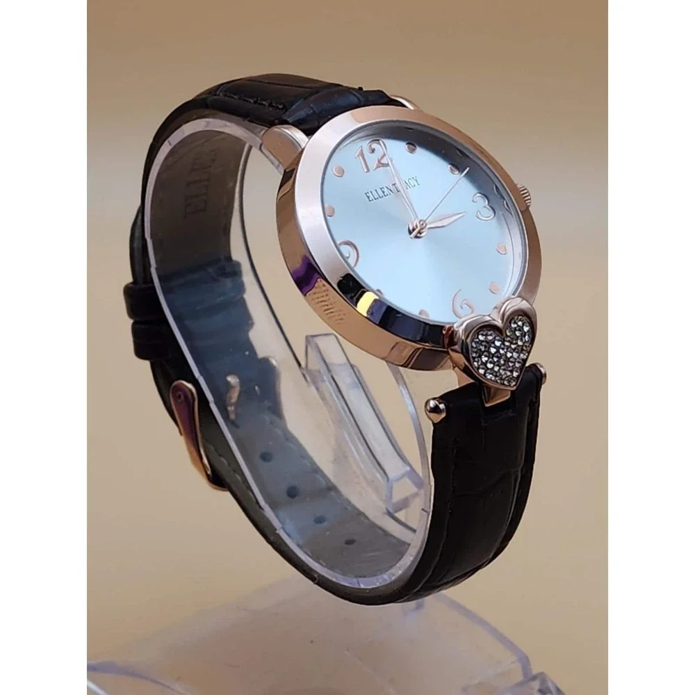 SEIKO ELLEN TRACY Watch Rose Gold Tone Deep Brown Alligator Band Heart CZ